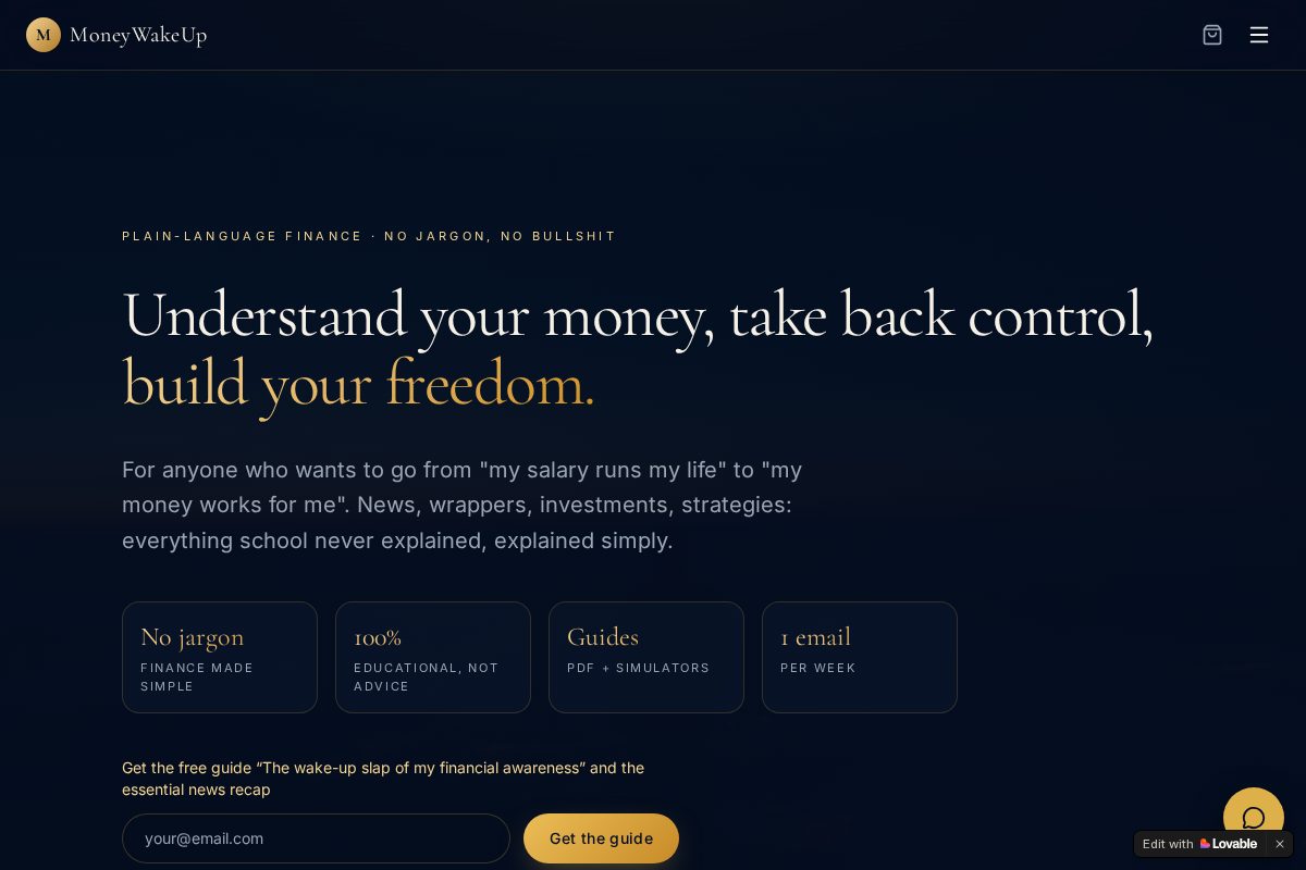 Aperçu du site MoneyWakeUp, plateforme d'éducation financière